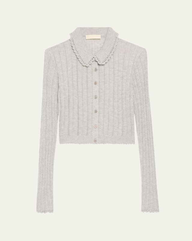 Lottie Collared Cropped Pointelle Knit Cardigan